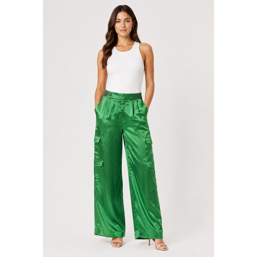 A New Day Women's Size 4 Green Satin Cargo Pants High Rise Wide Leg Utility